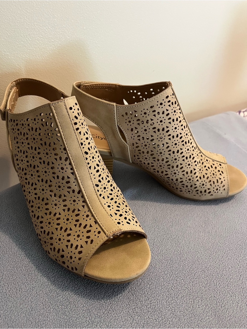 Cityclassified Beige Laser-Cut Peep-Toe Slingback Heels
